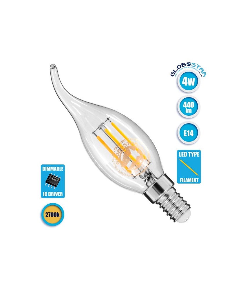 GLOBOSTAR® CANDLE 99002 Λάμπα Κεράκι E14 C35T LED 4W 440lm 360° AC 220-240V IP20 Θερμό Λευκό 2700K Dimmable - Filament Chip - Διάφανο - Μ3.5 x Π3.5 x Υ12cm - 3 Χρόνια Εγγύηση